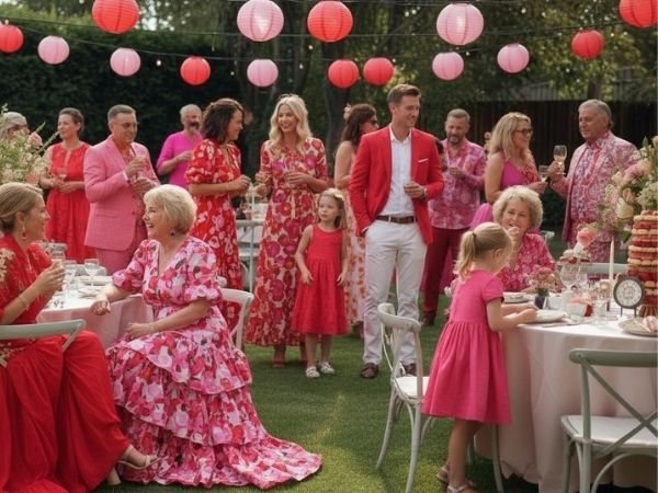 A gorgeous red and pink themed garden party in a suburban backyard, with paper lanterns and people dressed in red and pink with round tables